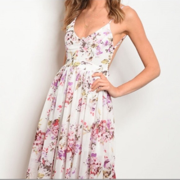 Ivory and Pink Floral Open Back Dress - Picture 2 of 8